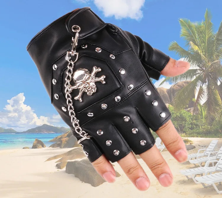 Skull Rivet Gloves Street Dance Men Fashion Punk Couple Chain Gloves Nightclub Women Waterproof PU Leather Half Finger Gloves