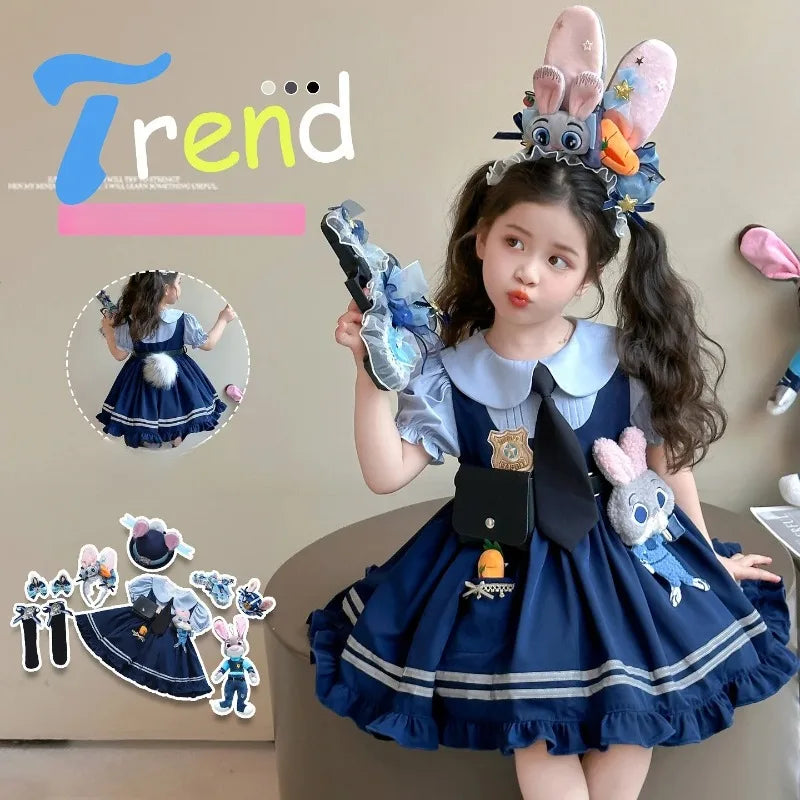 Judy Officer Costumes Short-Sleeved Lolita Dress Girls Halloween Carnival Cosplay Rabbit Fancy Dress Birthday Gift for Girls