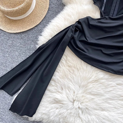 Foamlina  American Sexy Hollowed-out Waist Tube Top Dress for Women's Pleated Waist Hip-wrapped Streamer Girl's Short Dress
