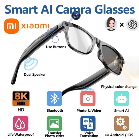 Xiaomi 8K AI Smart Glasses HD Photochromic Multifunction Bluetooth Calling Voice Assistant Music Player Translate Camera Glasses