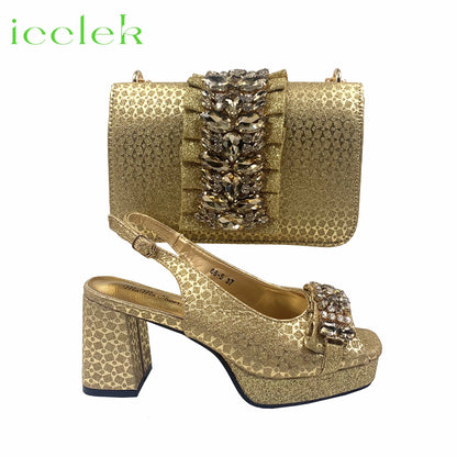 2026 Shiny Italian Fashion Pointed Toe Women Heel Fashion Rhinestone Decoration Silver Color Shoes And Bag Set