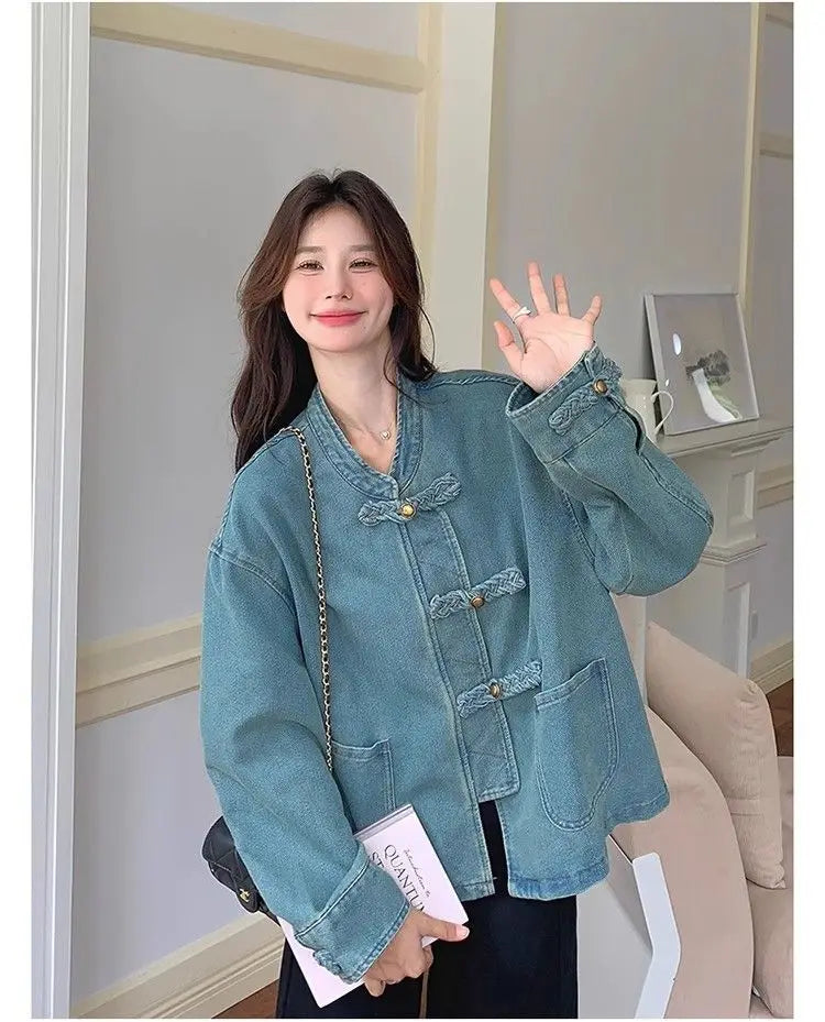Women Clothing Autumn Fashion Simplicity All-match Temperament Button Solid Color O-neck Female Chinese Style Denim Jacket Tops