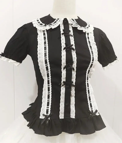 Summer Japanese Lolita Sweet Girls Short-sleeved Tops Women Goth Lace Bow Shirt Single-breasted Blouse Doll Collar Slim Tees New