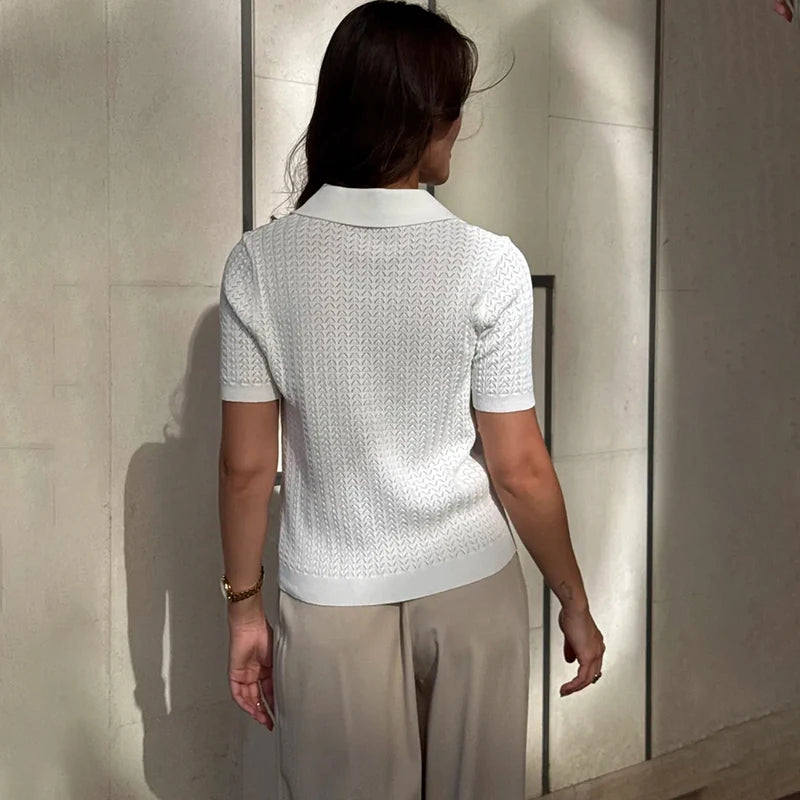 Typhaland Hollow Knitted T shirt Woman 2026 Summer New Short Sleeve Casual Loose Lapel Ins Hot Tops Lady Sweater T shirt Solid