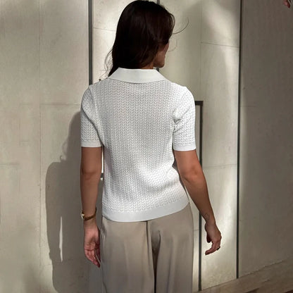 Typhaland Hollow Knitted T shirt Woman 2026 Summer New Short Sleeve Casual Loose Lapel Ins Hot Tops Lady Sweater T shirt Solid
