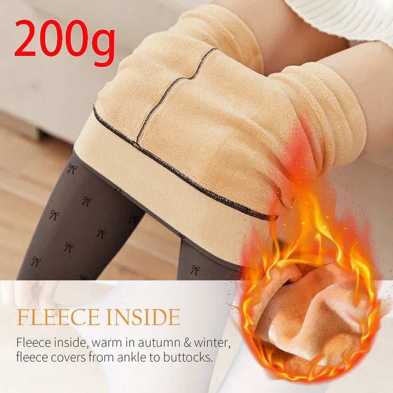 New Warm Tights For Women Winter Fleece Leggings Thermal Stockings Woman Insulated Printed Pantyhose Skin Effect Sock Pants