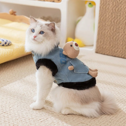 Cat autumn and winter thickened warm pocket three-dimensional bear denim traction vest small dog dog pet clothes