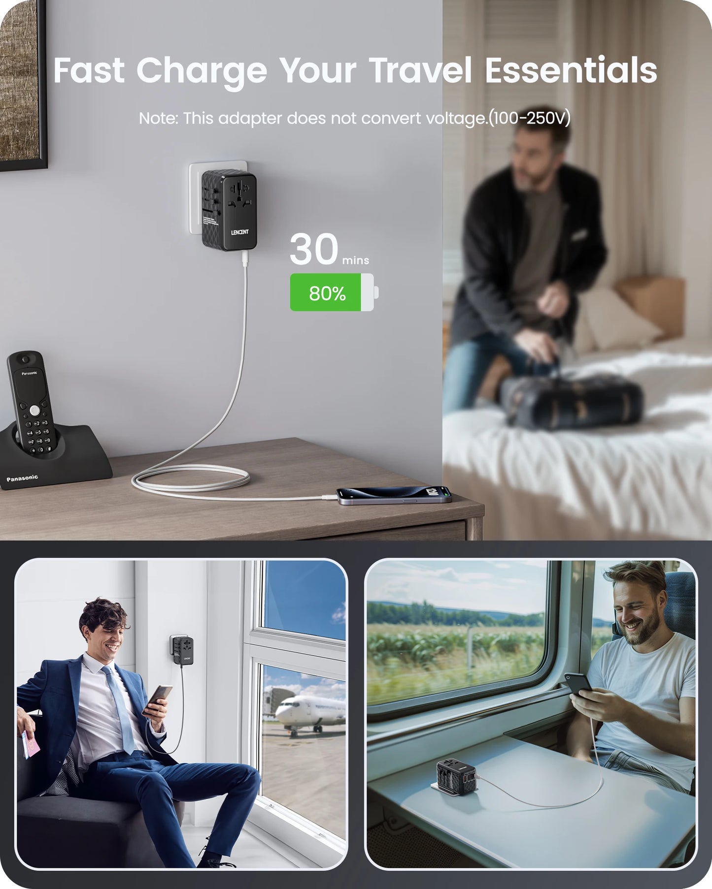 LENCENT 140W GaN Universal Travel Adapter with 1USB-A Ports 3 Type C Fast Charging Power Adapter EU/UK/USA/AUS Plug for Travel