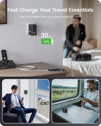LENCENT 140W GaN Universal Travel Adapter with 1USB-A Ports 3 Type C Fast Charging Power Adapter EU/UK/USA/AUS Plug for Travel
