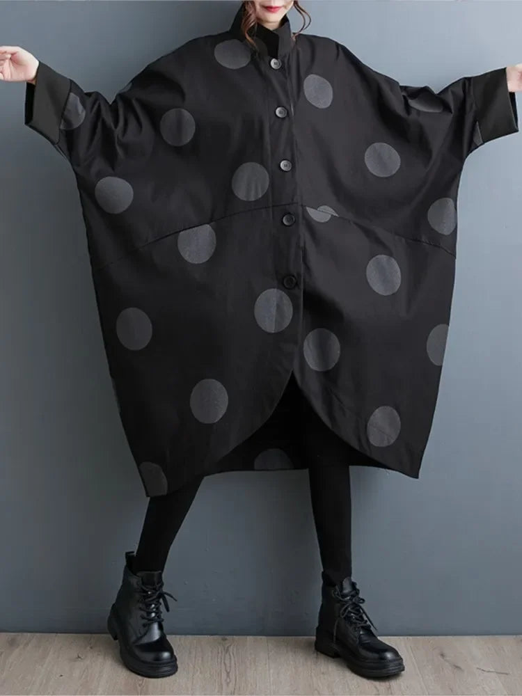 Oversized Polka Dot Trench Coat Women Vintage Autumn Loose Ladies Outwear Casual Trench Coats Fashion Woman Long Jacket Coat