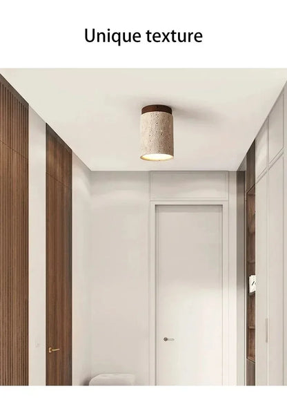 Yellow Travertine LED Ceiling Lamp Japanese Wooden Downlight round Wood Light for Living Room Corridor Porch Balcony