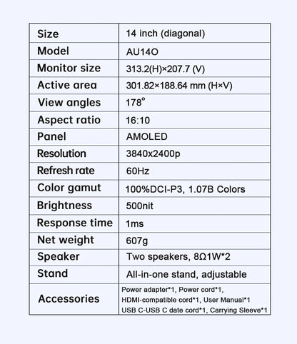 14'' 4K OLED Portable Monitor 16:10 3840*2400p 500Nits USB-C HDMI-Compatible External Gaming Monitor for PS5 Switch Laptop MacOS