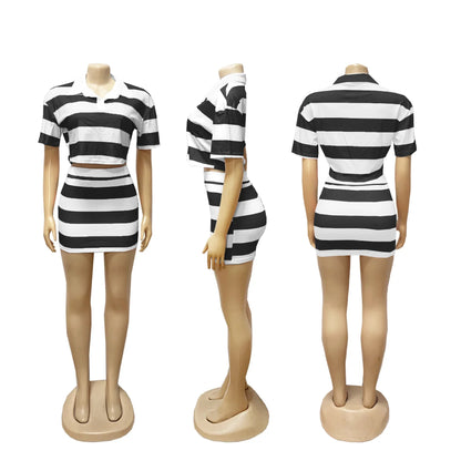 Fashionable Women's Stripe Color Block Shortie Set TW683-1 Bicolor Collar Crop Top with Skirt Polyester Fiber Knee-Length