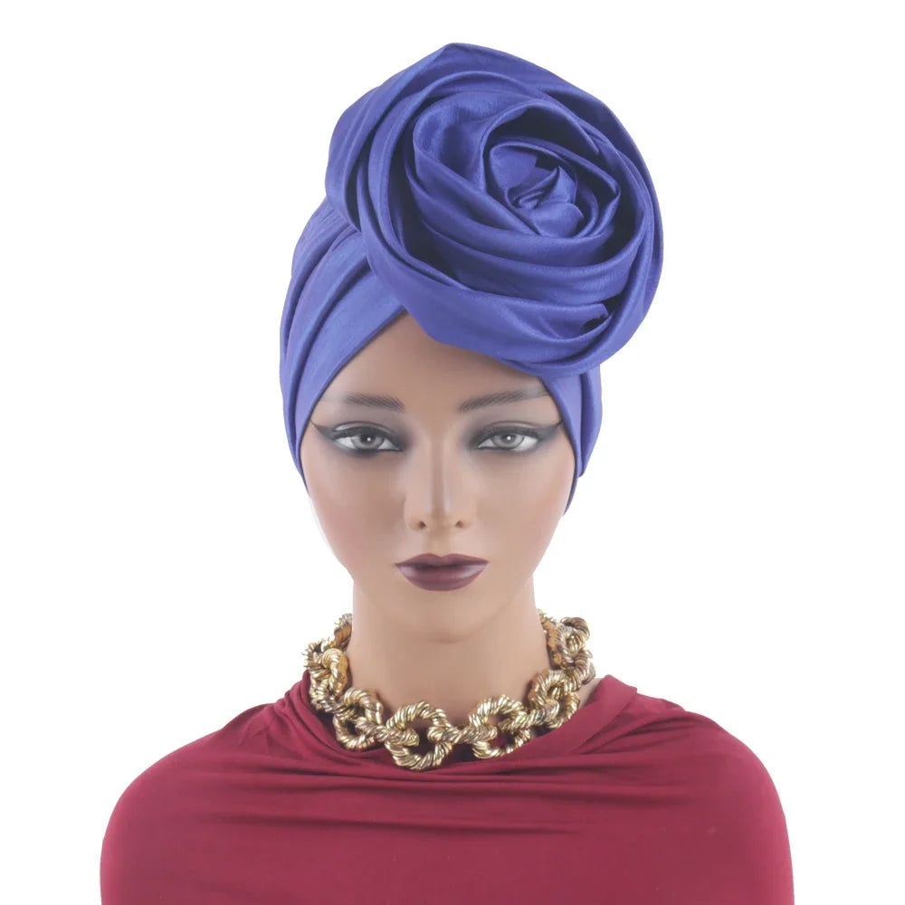 Raw Silk Big Rose Flower African Turban Caps for Women Headwear Head Wraps Nigerian Wedding Geles Party Headgear Bonnet