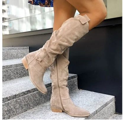 long women's boots Low Heel Side Zip Size 43 Suede Thigh High Women's Boots Retro Woman Booties Autumn Winter Knee High Boots