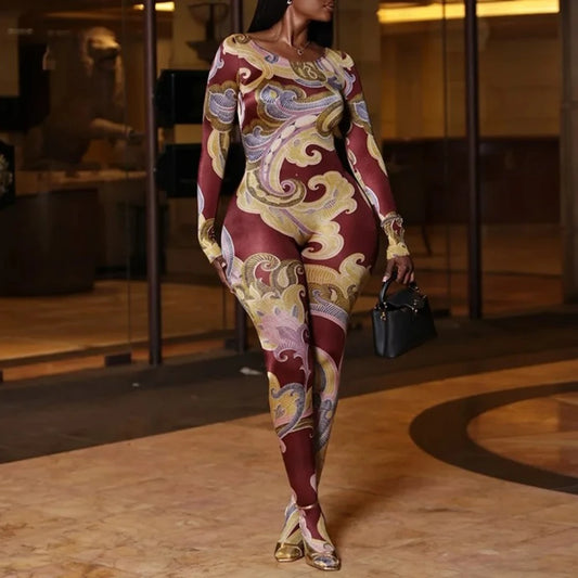 Printed Skinny Footed Jumpsuits Women Fashion O Neck Long Sleeve Peach Hips Slim Casual Streetwear Overalls Night Club Rompers