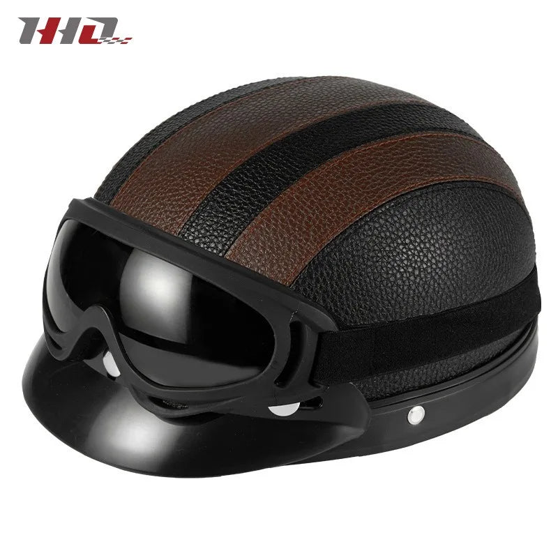 Retro Leather Half Helmet with Ear & Neck Protection - All-Season Cycling Safety Helmet