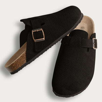 Crestar Women's Suede Clogs Lady Fashion Buckle Leather Mules Comfort Cork Footbed Potato Shoes with Arch Support Beach Sandal