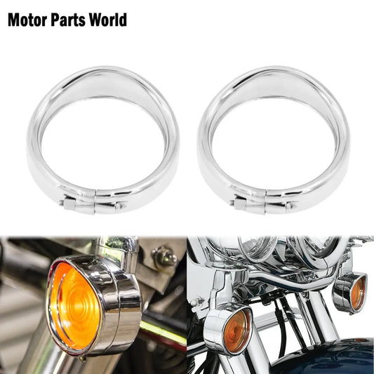 2PCS Chrome Motorcycle Visor Style Turn Signal Trim Ring For Harley Heritage Softail Touring Road King FLHR FLHRC FLSTC