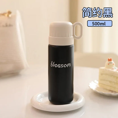 500ml Cartoon Stainless Steel Portable Thermos Cup,Cute Student Water Cup,Outdoor One Cover Dual-use Cup Vacuum Insulated Bottle