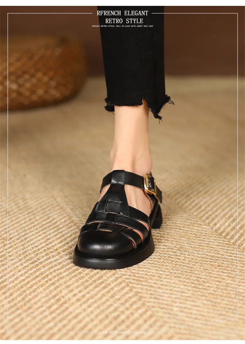 2023 Women Sandals Retro Genuine Leather Luxury Roman Sandals Casual Buckle Strap Summer Shoes GLADIATOR Thick Heel Women Shoes
