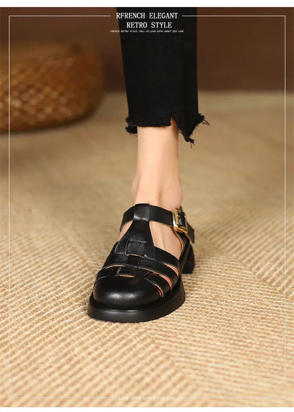 2023 Women Sandals Retro Genuine Leather Luxury Roman Sandals Casual Buckle Strap Summer Shoes GLADIATOR Thick Heel Women Shoes