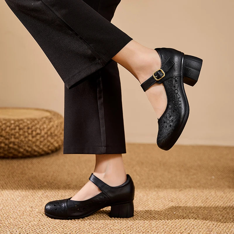 DIMANYU Women Floral Hollow Mary Jane Shoes Genuine Leather Mid Heel Summer Comfort Mother Shoes Ladies Dress Sandals