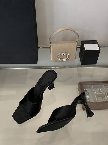 Liyke High Quality Cozy Silk Wide Square Toe Women Slippers Sandals Strange Heels Mules Slides Summer Party Dress Shoes Brown