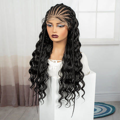 28inch 13x6 Transparent Lace Front Natural Deep Wave Hair Wigs with Cornrow Braids Synthetic Curly Brazilian Hair Wig for Women