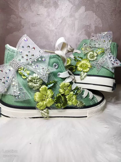 High-top Canvas Shoes for Women Green Bow Embroidery Flower Candy Color Canvas Handmade Fashion Casual Shoe Big Size 43 44