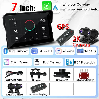Jansite 7 inch 2K Motorcycle Upgrade Module DVR Navigation GPS Wireless CarPlay Waterproof IPX7 TPMS Portable Smart Display Cam