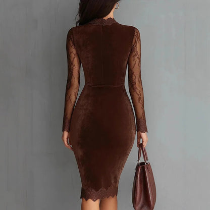 New Sexy Lace See-through Long-sleeved Dress Spring Summer Elegant V-neck Lace Patchwork Waist-covering Hip Dress Robe Femme