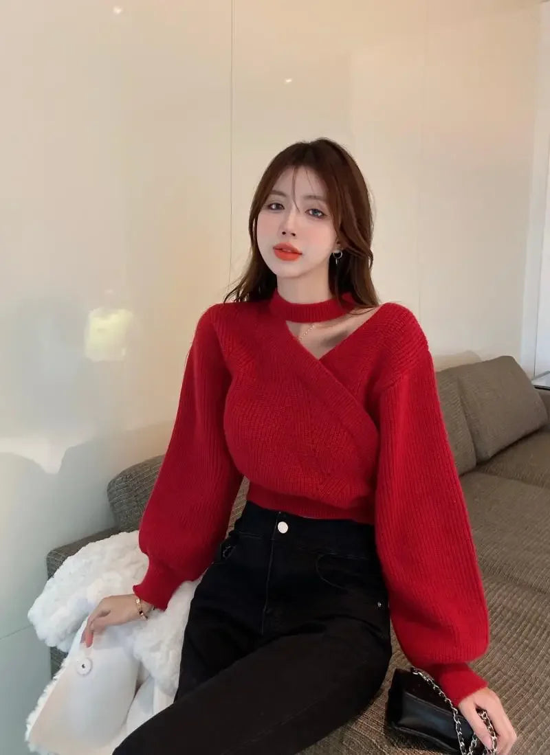 2024 New Halter Neck Off-the-shoulder Cropped Sweater Women's Autumn/winter Outerwear Waist-fitted Korean Knitted Top Sleeve