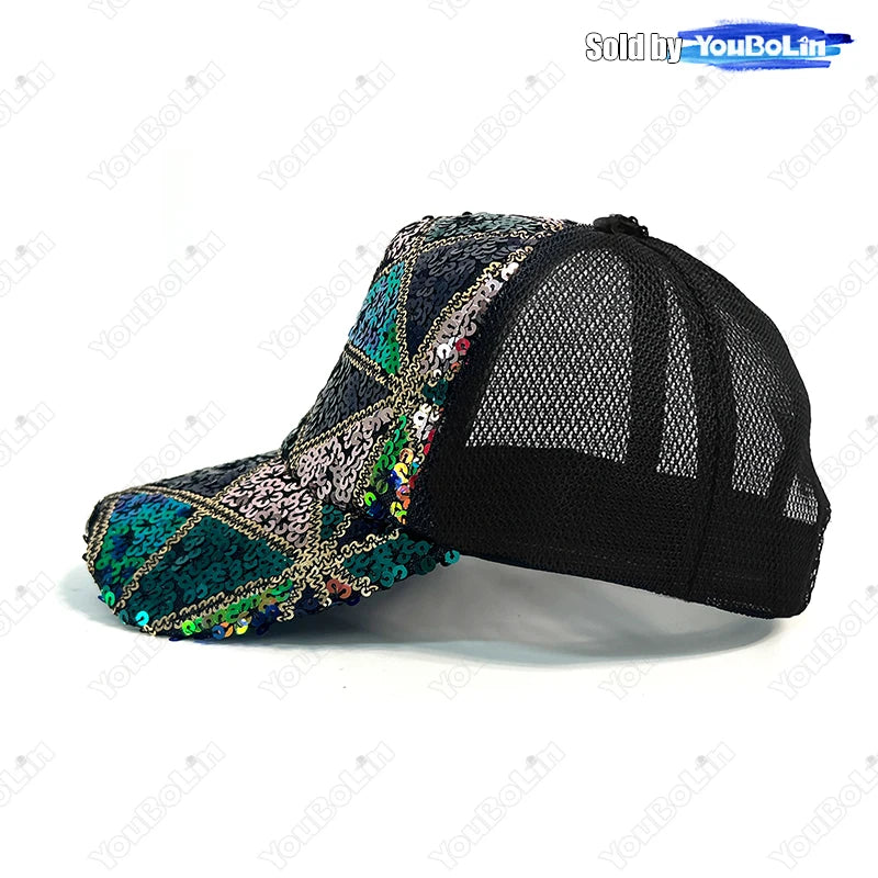 Summer Shiny Sequin Back Mesh Adjustable Cotton Baseball Cap Sun Hat