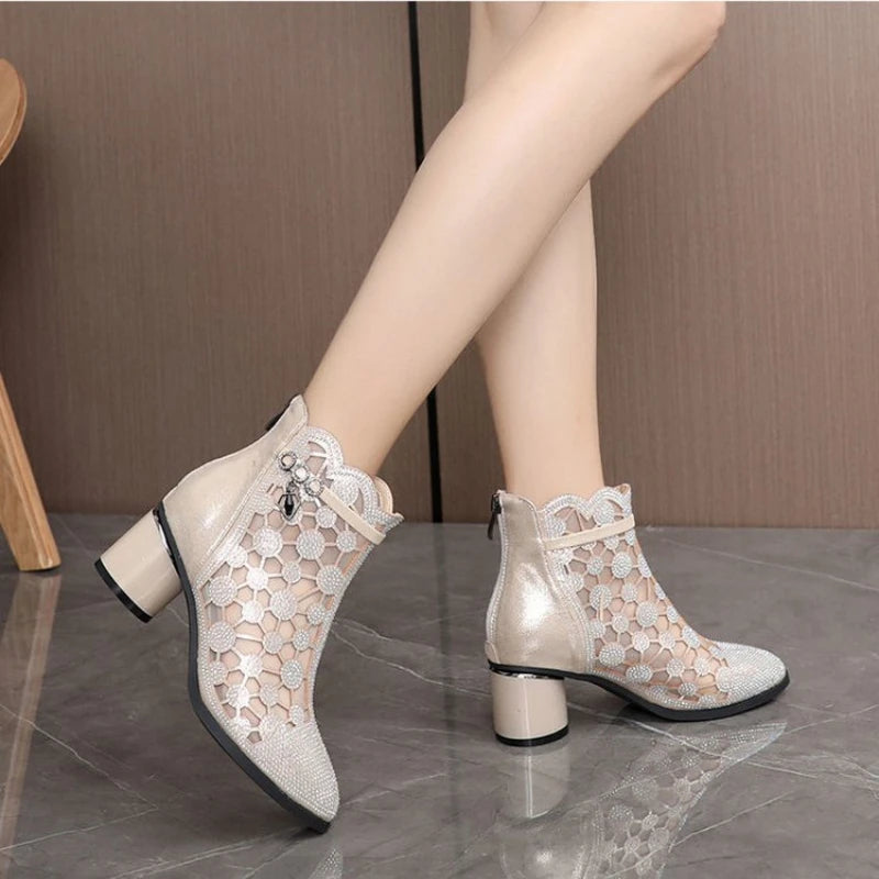 2026 Spring Summer Fashion Rhinestones Gauze Sandals Thick Heels Mesh Autumn Ankle Boots Female Hollow Women's Shoes