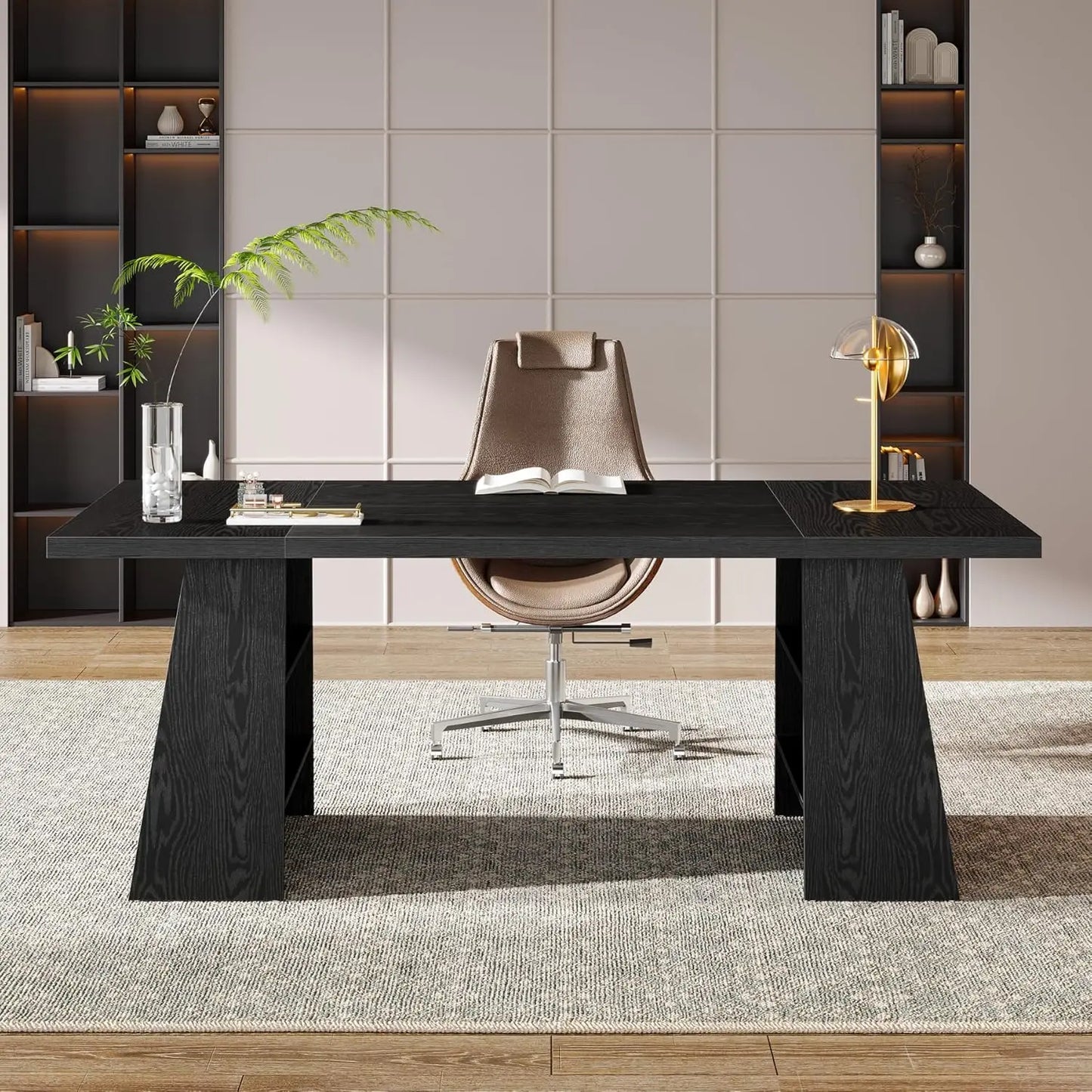 63-Inch Executive Desk, Modern Black Office Desk with Double Pedestal and Storage Shelves, Simple Large Computer, Customized