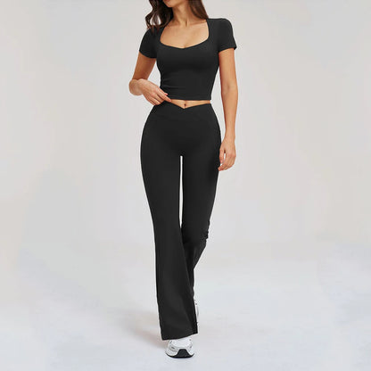 2PCS Women's Yoga Tracksuit midriff-baring short sleeve top high waist Bell-bottom Women Gym Running Training Workout Yoga Set