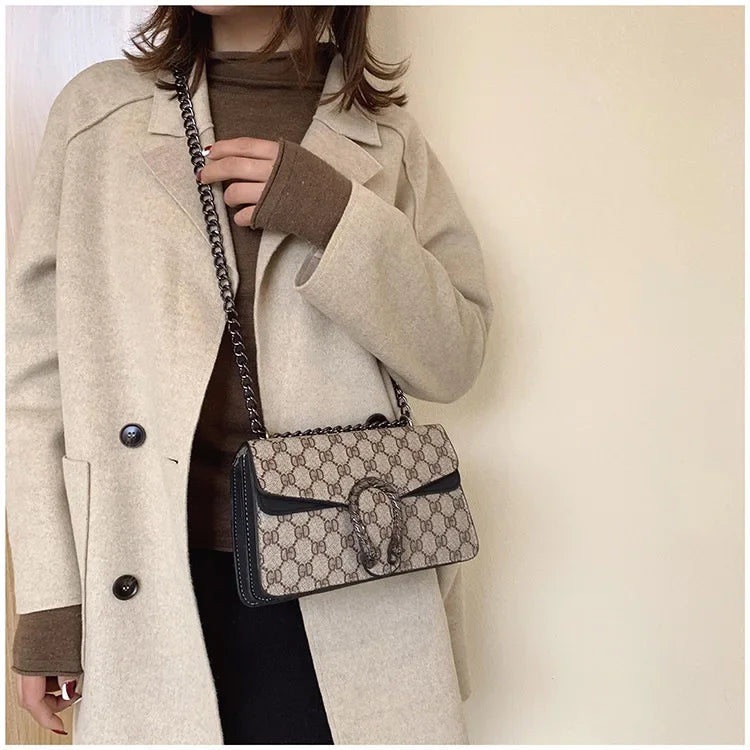Fashionable Mini Printed Chain Women's Bag Crossbody Shoulder Bag Soft PU Leather Square Shape Bag with Phone Pocket