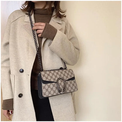 Fashionable Mini Printed Chain Women's Bag Crossbody Shoulder Bag Soft PU Leather Square Shape Bag with Phone Pocket