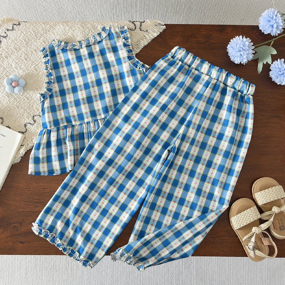 Bear Leader Korean Version Kids Clothes Girls Blue Imitation Denim Suit Summer New Sleeveless Top+Wide Leg Pants Two-piece Set