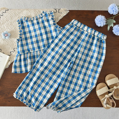 Bear Leader Korean Version Kids Clothes Girls Blue Imitation Denim Suit Summer New Sleeveless Top+Wide Leg Pants Two-piece Set