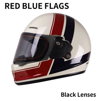 Retro-style full-face helmet with multi-color lenses, ABS material, DOT certified, suitable for all seasons