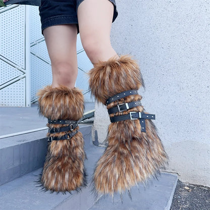 Faux Fur Knee-High Boot Round Toe Height Increasing Wild Winter Warmer Belt Buckle Slip-On Fashion Luxury Sexy Women Shoe Newest