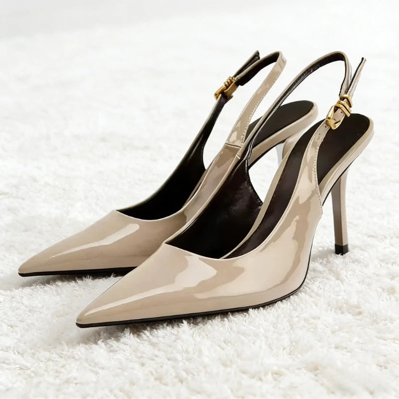 Luxury Patent Leather Metal Buckle Slingbacks Women Pumps Sexy Pointed Toe High Heels for Ladies Elegant Banquet Office Shoes