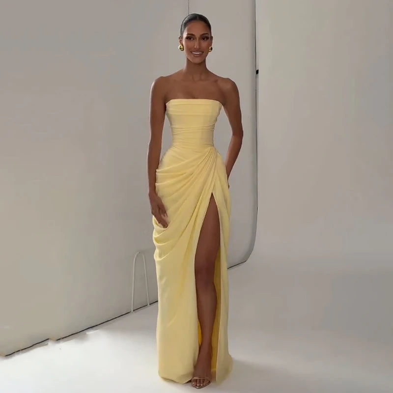 Elegant Yellow Strapless Pleated Dress Women Chic Sleeveless Waist Cinching Split Maxi Gowns 2026 Summer Lady Evening Party Robe