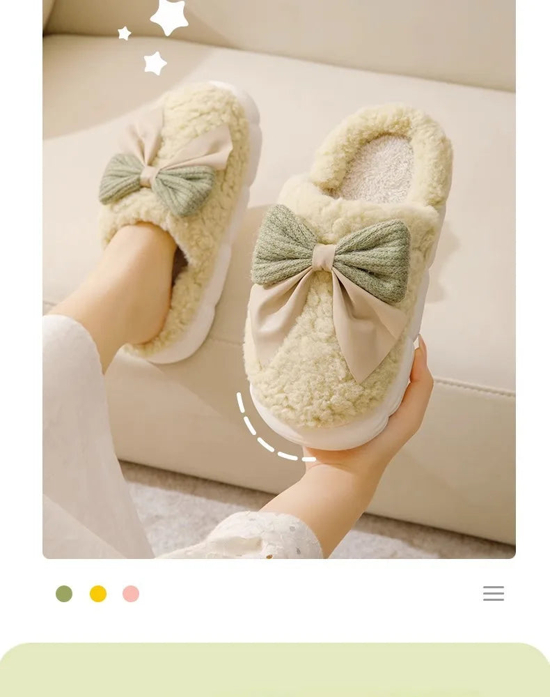 Thick Soled Non Slip Home Plush Slippers 2025 New Cotton Slippers for Women Bow Slippers for Autumn and Winter Warm for Women
