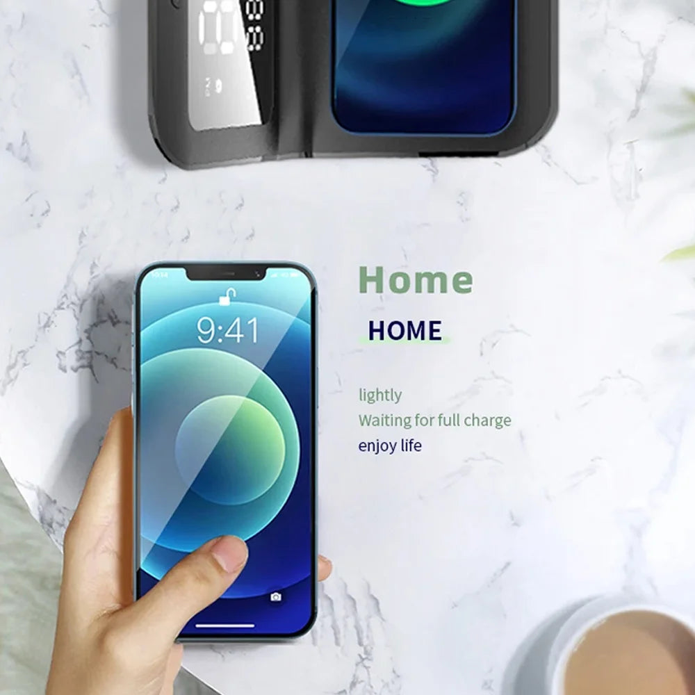 Wireless Charger Pad Stand with Alarm Clock Thermometer for iPhone 17- 11 X Xiaomi Samsung 15W Phone Fast Charging Station