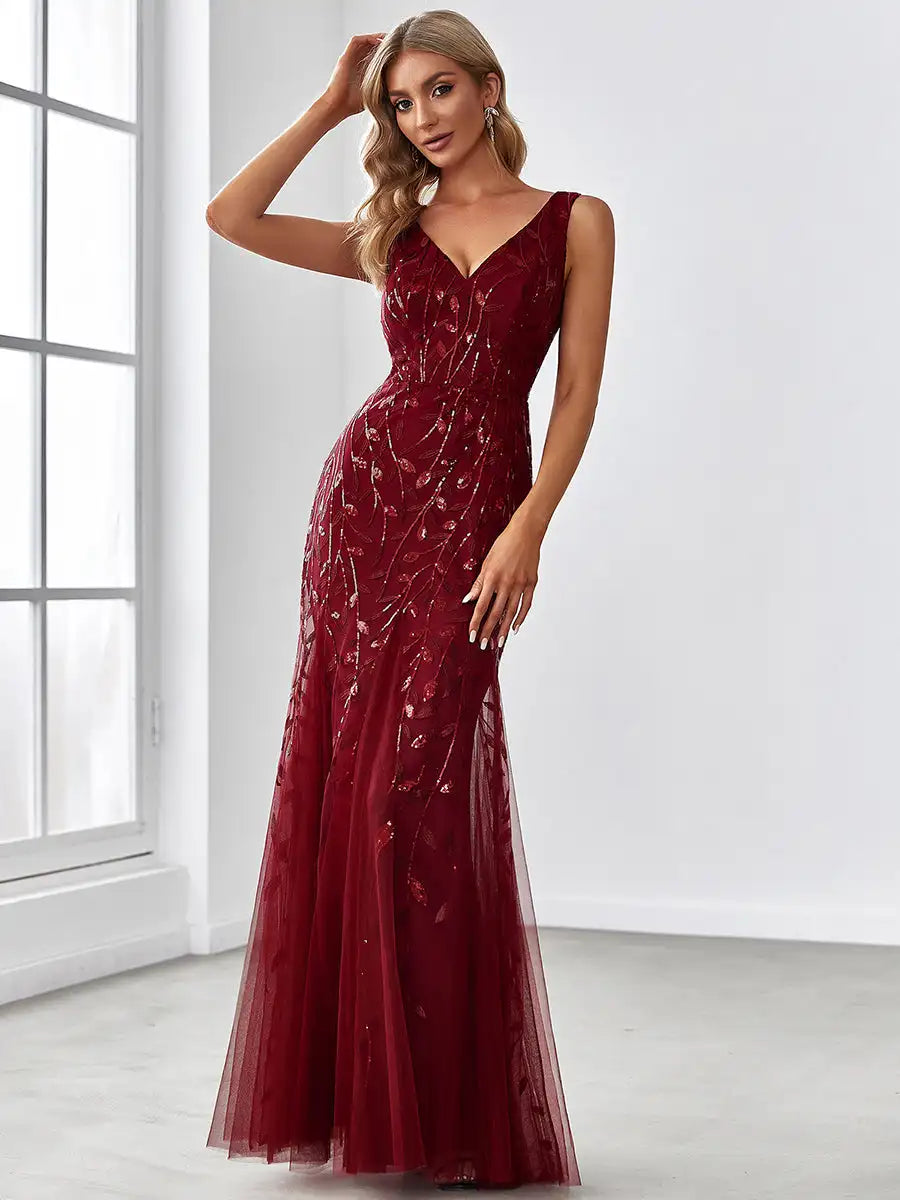 BAZIIINGAAA Party Dress Sexy Double V-Neck Sequin Mermaid Maxi Dresses For Evening Evening Dress