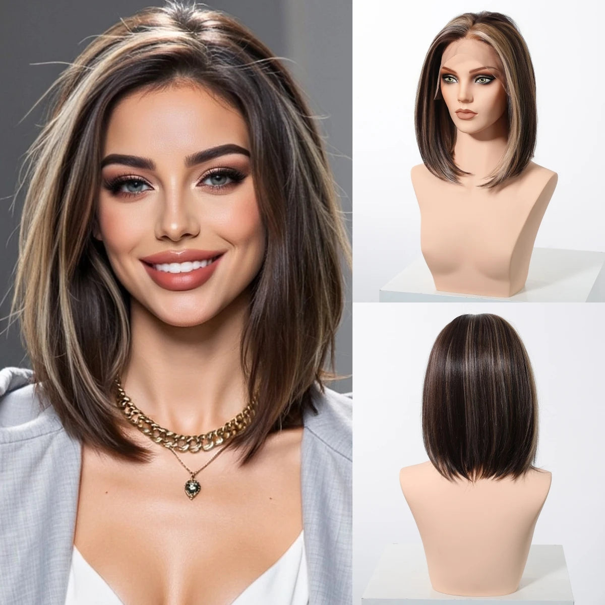 13*6 HD Lace Front Wigs Blonde Mixed Brown Synthetic Wigs For Women Daily Party Short Straight Natural Fake Hair Heat Resistant