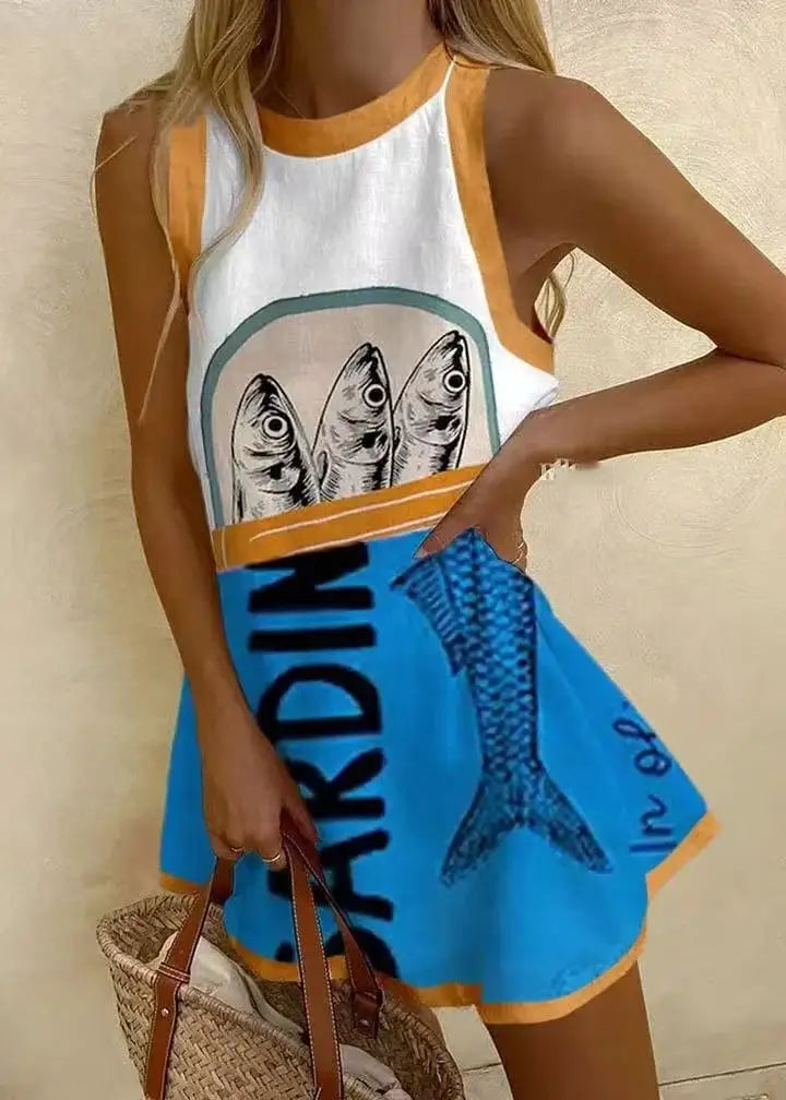 Women Sleeveless Dress Cute Sardines Fish Graphic Print Summer New Short Dress Beach Vacation Party Girl Skirts Dress